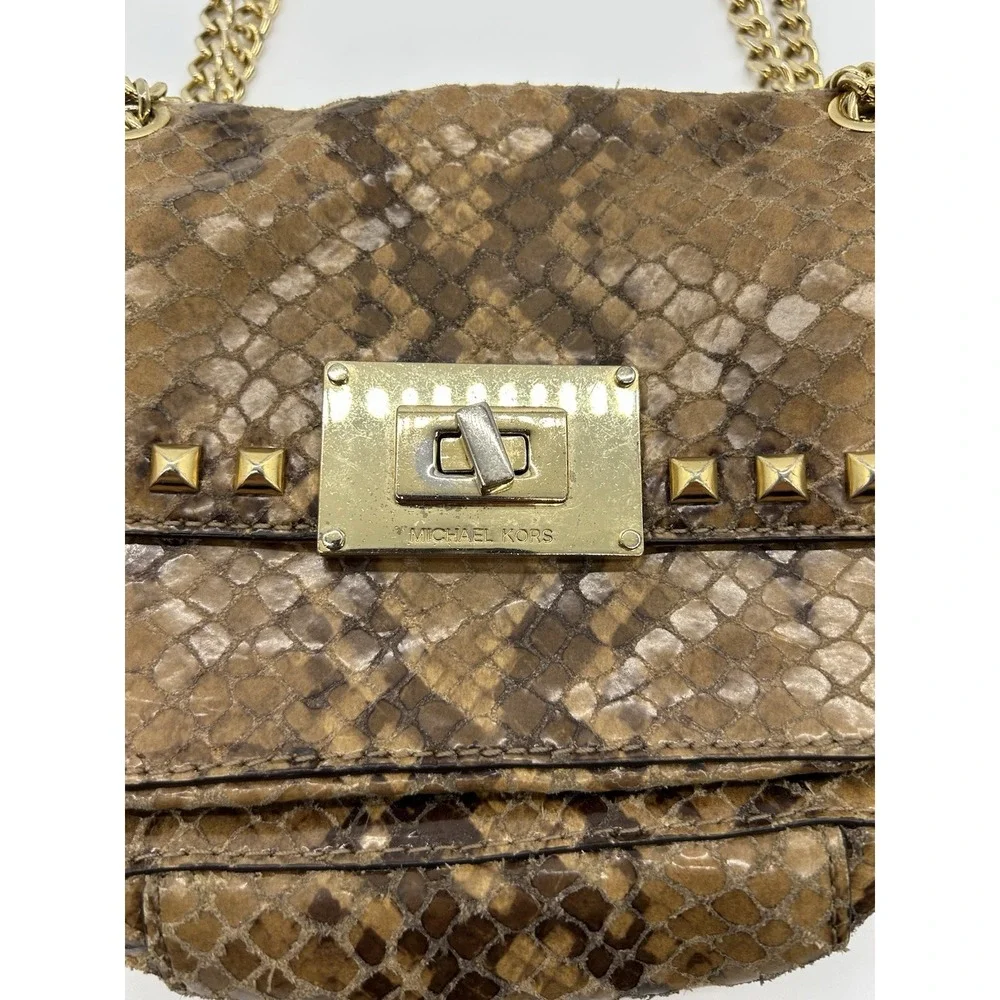 MICHAEL KORS Selma Python Embossed‎ Leather Studded Shoulder Bag Gold Chain Flap
